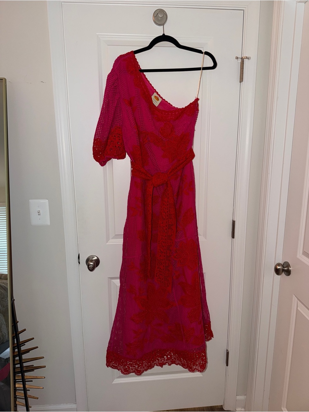 FARM Rio Guipuire Lace One-Shoulder
Maxi Dress Red and Fushia - Picture 5 of 11